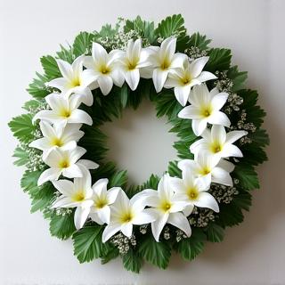 A tasteful and elegant sympathy wreath of white lilies.